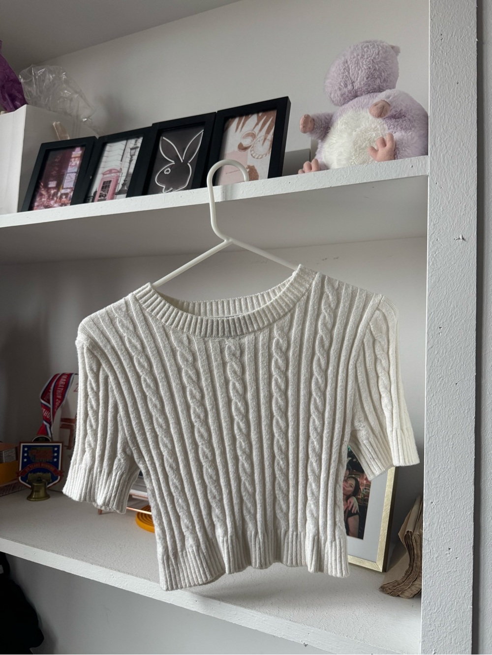 Forever 21 Cream Cable-Knit Short Sleeve Top